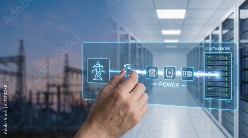 AI Upstream Broadening - A human hand channels electricity through infrastructure, illustrating seamless energy transfer from the power grid to a modern AI data center.