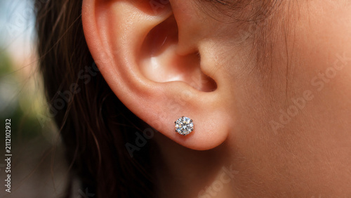 Solitaire Diamond 6 Prong Earring Closeup on Women Ear 
