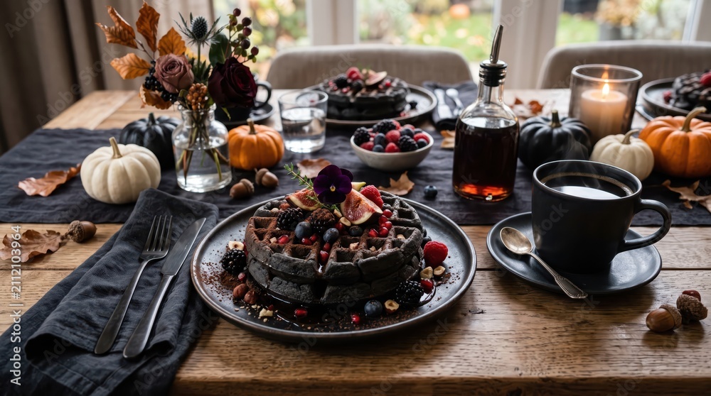 Fototapeta premium Sophisticated Halloween Brunch with Charcoal Waffles, Black Coffee, and Autumn Decor