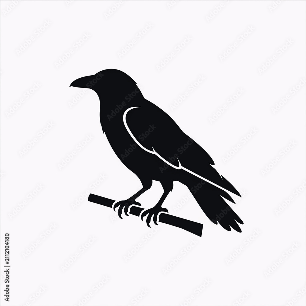 Fototapeta premium Black crow perched on branch in silhouette. Dark bird isolated on bright white background for graphic design.