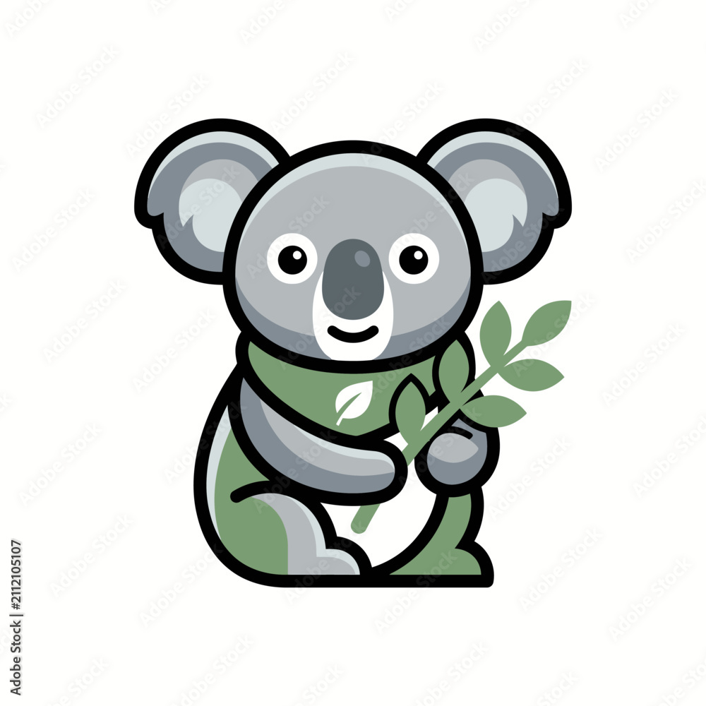 Fototapeta premium Cute cartoon koala holding eucalyptus leaves.