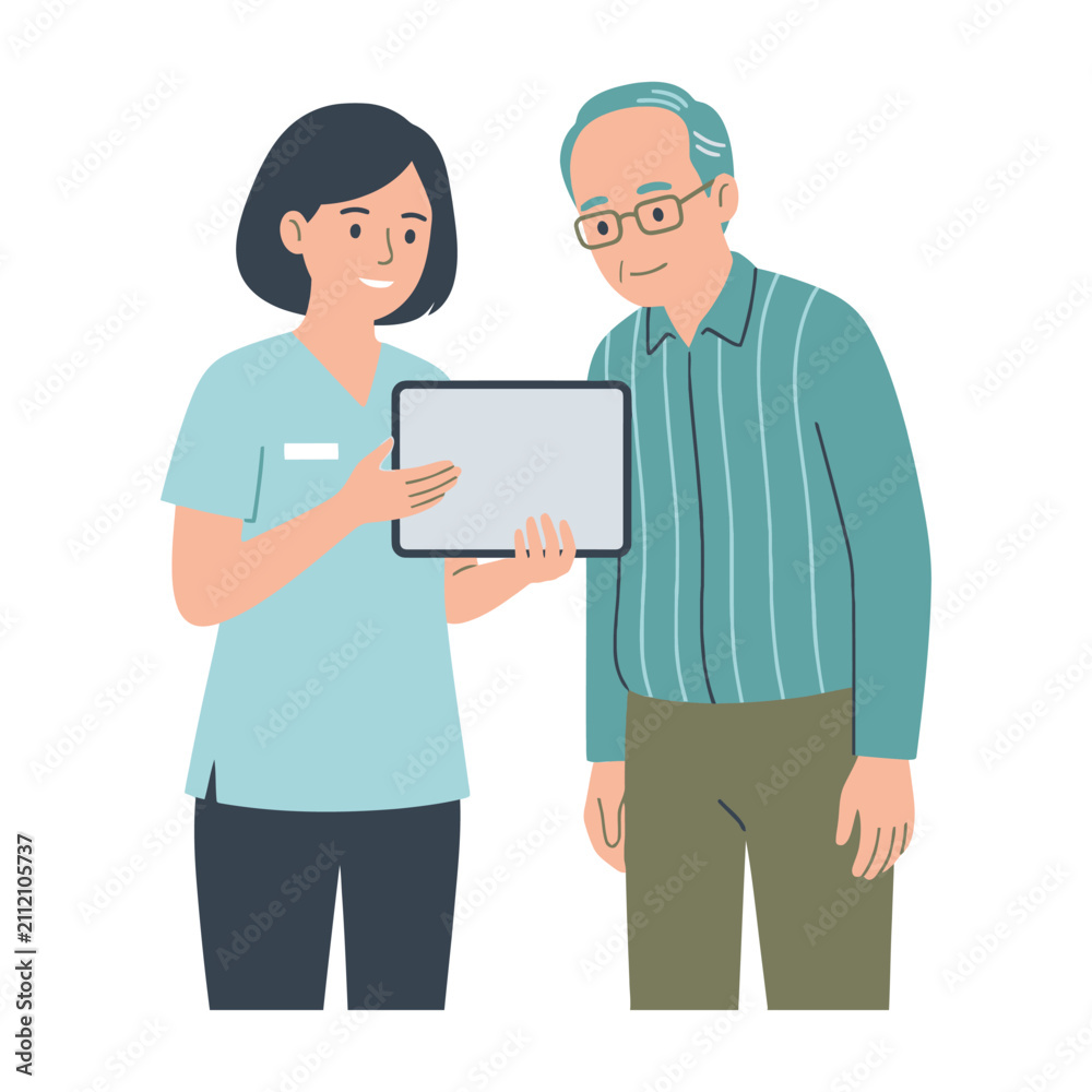 Fototapeta premium Caregiver showing a tablet screen to an elderly man in a healthcare setting