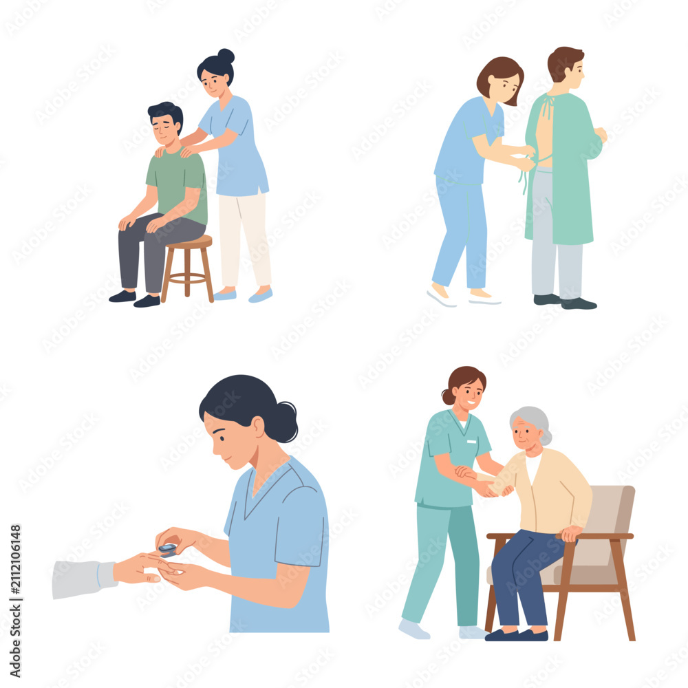 Obraz premium Nurse and healthcare worker assisting patients in various medical and daily care situations