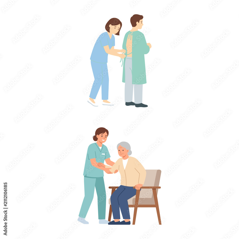 Fototapeta premium Nursing staff caring for patients, helping an elderly woman and a doctor dressing a gown