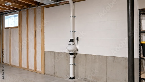 A residential basement interior featuring a radon mitigation system pipe installed against a concrete foundation wall