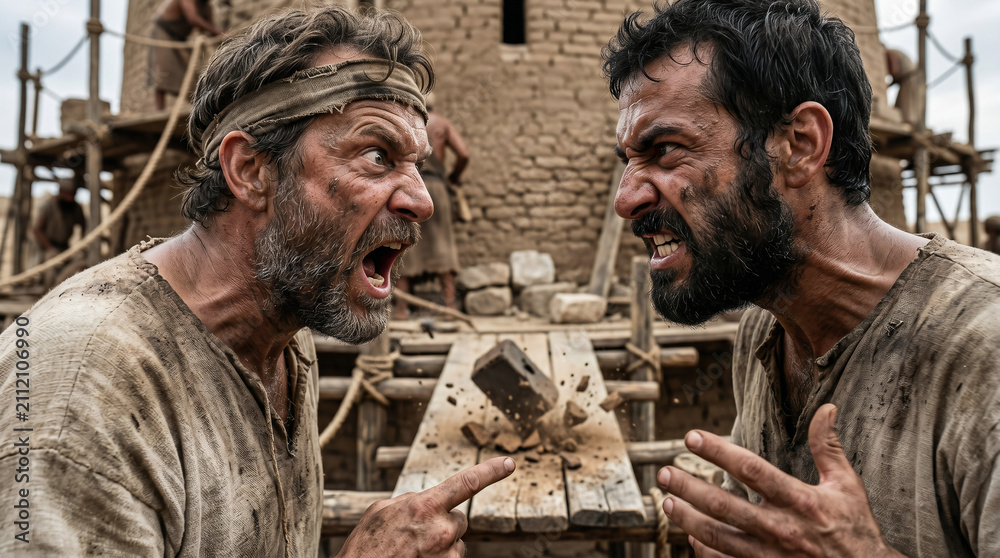 Fototapeta premium The confusion of languages at the Tower of Babel. Ancient builders suddenly unable to understand each other, abandoning the massive project
