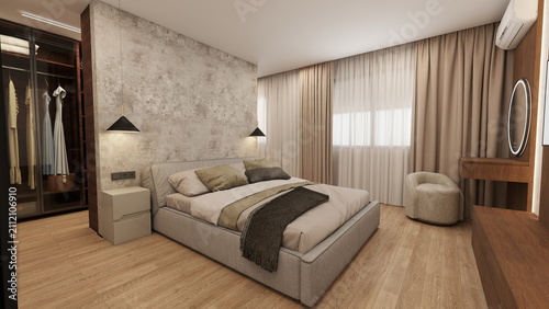 Quadro su tela Modern luxury bedroom with a soft upholstered bed, textured accent wall, warm pe