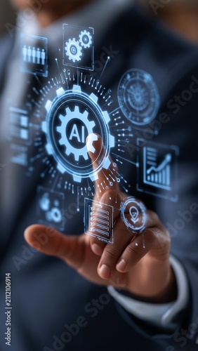 Businessman interacting with AI agent interface to automation processes and managing digital tasks workflow, process data, and control smart systems, showing artificial intelligence innovation.