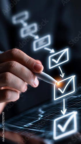 progress tracking workflow checklist with task completion steps and digital interface using stylus on business dashboard for productivity improvement time management and efficient process optimization