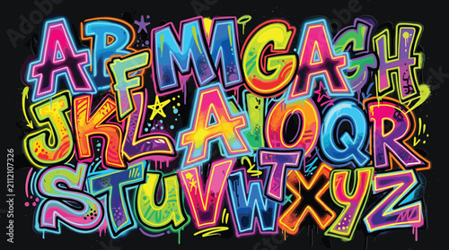 Graffiti alphabet vector set, colorful street art letters on black background, urban typography font for hip hop posters and apparel design