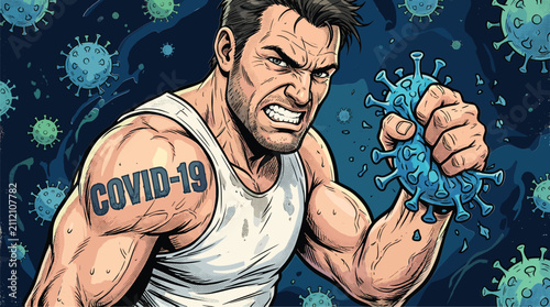 Cuadro en lienzo Comic book style illustration of a muscular man crushing a virus cell, angry her
