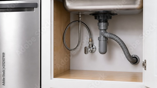 Under sink plumbing pipes and water supply lines inside a modern kitchen cabinet for home maintenance repair