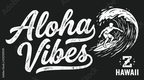 Photography Vintage Aloha Vibes surfing vector illustration, retro Hawaii surf typography wi