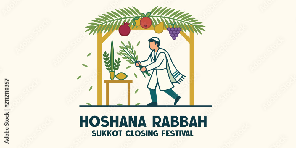 Fototapeta premium Hoshana Rabbah Sukkot Closing Festival with Worshipper Holding Lulav and Etrog Under Decorated Sukkah Flat Vector Illustration