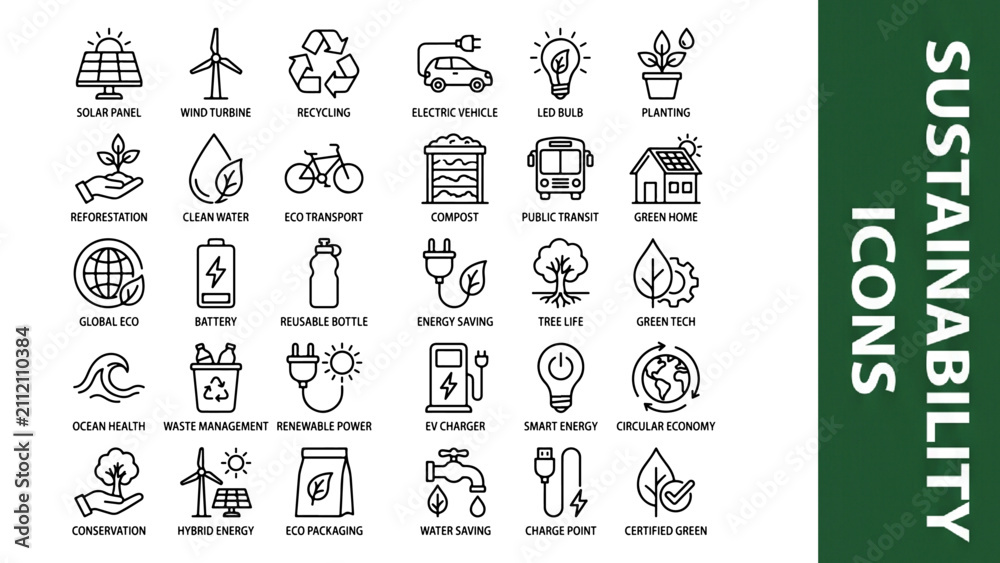Fototapeta premium Sustainability icons set. Eco friendly symbols for green energy and environmental protection.