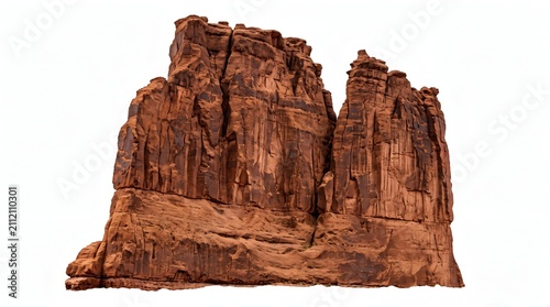 Isolated red sandstone rock formation with jagged peaks against a white background