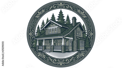 Картината върху платно Vintage Engraved Illustration of a Rustic Cabin in Forest.