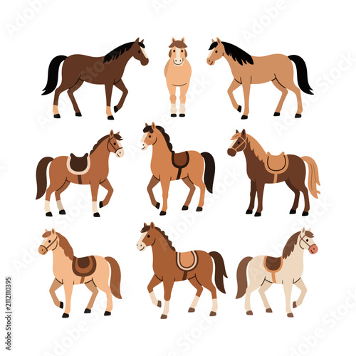 Canvastavla Horse Collection Vector Set with Various Standing and Walking Horse Breeds Isola