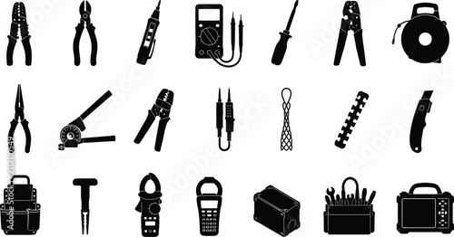 Fotografie Electrical and Electrician Tools Vector Silhouette Icon Set Isolated on White Ba