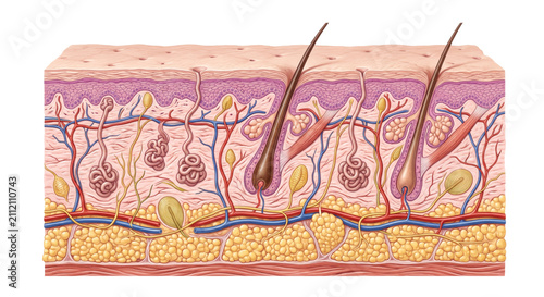 Quadro su tela Detailed cross-section illustration of human skin layers and structures