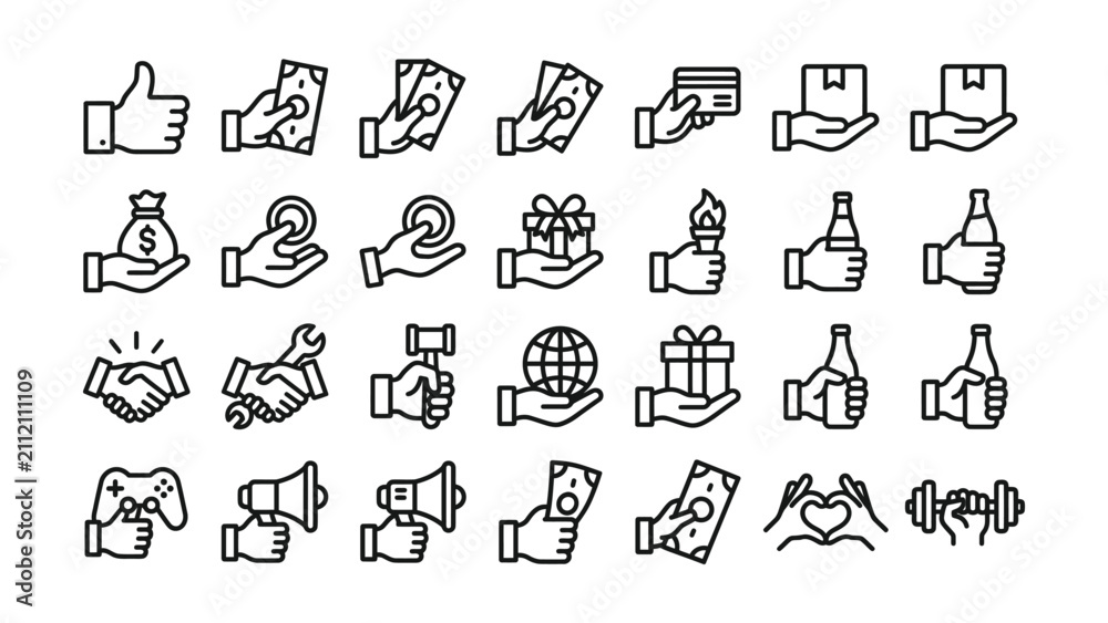 Fototapeta premium Set of line icons depicting hands holding various objects and making gestures
