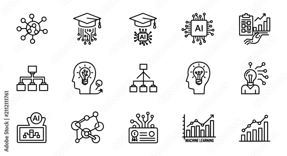 Fototapeta premium Artificial intelligence and machine learning technology line icon set