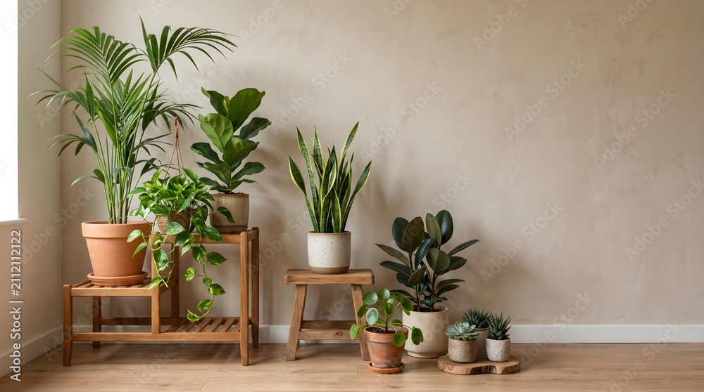 Fototapeta premium Collection of various indoor potted plants arranged on wooden stands against a neutral beige wall background