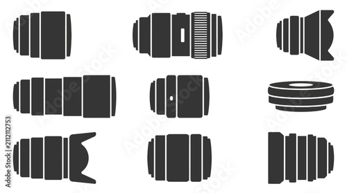 Professional camera lens focal length and optics icons.