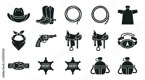 Western cowboy equipment and accessories icon set on white background