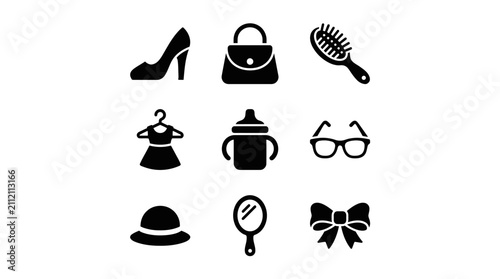 Women fashion accessories and beauty items icons set