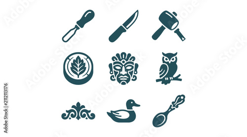 Woodcarving and carpentry artistic tool icon set.