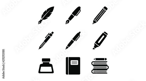 Writing instruments and stationery vector icons.