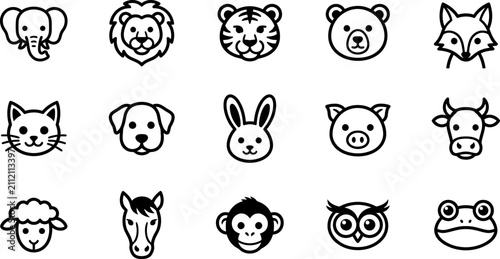 Photography Set of cute animal face icons featuring various wild and domestic creatures desi