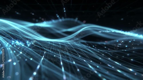 Glowing blue light waves in digital style on dark background conveying concept of energy flow movement
