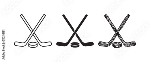 Photography Collection of hockey stick and puck symbols, depicted in outline, solid fill, an