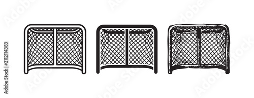 Canvas Print Three distinct visual representations of a hockey goal: a simple outline, a filled black silhouette, and a hand-sketched version with texture