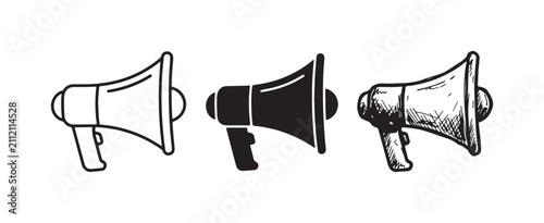 Konstfotografi Set of megaphone icons, depicted in outline, solid black, and expressive hand-drawn sketch styles, symbolizing announcements and calls to action