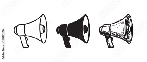 Картината върху платно Megaphone icon set in three distinct styles: outline, solid black, and textured hand-drawn sketch, representing communication and public address