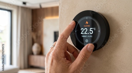 Modern minimalist hallway with sleek digital thermostat with contemporary hallway neutral tones