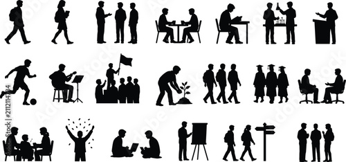 Set of School Student Silhouettes Engaged in Reading Studying Science Sports Music and Campus Life