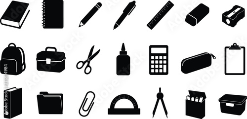 Set of School Supplies Vector Silhouettes Depicting Back to School Educational Stationery and Study Tools
