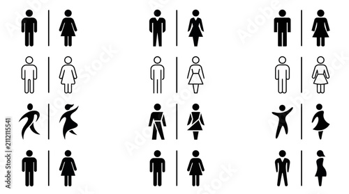 A grid of diverse male and female human figure icons, depicting various restroom signs in black and white styles, Symbolizing public restroom accessibility and gender identification