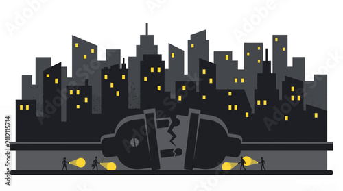 Dark city skyline with scattered glowing windows and a large broken electrical plug connection, Symbolizing an urban power outage crisis and representing critical energy infrastructure failure