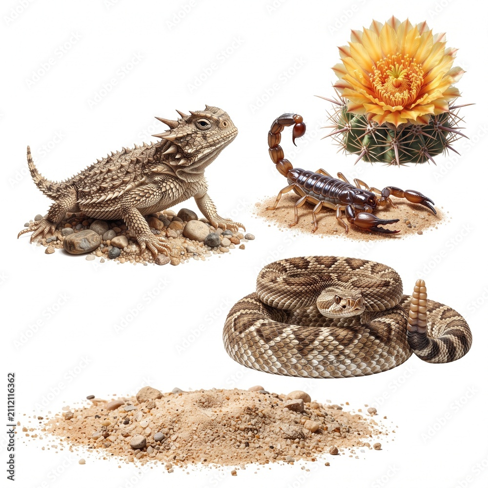 Fototapeta premium Desert Wildlife Set Isolated on White Background