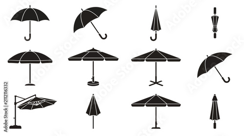 Vector set of diverse black silhouette umbrella and parasol icons, including open and closed designs, Symbolizing weather protection and versatile outdoor shade solutions