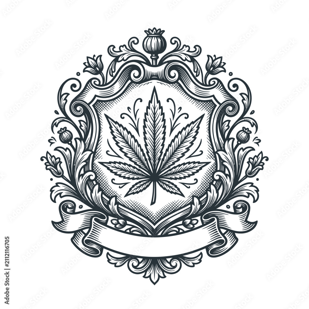 Fototapeta premium Ornate Cannabis Leaf Crest Emblem Design.