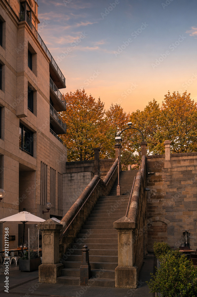Fototapeta premium Historic stone stairs in Sydney city at sunset with autumn trees and orange sky