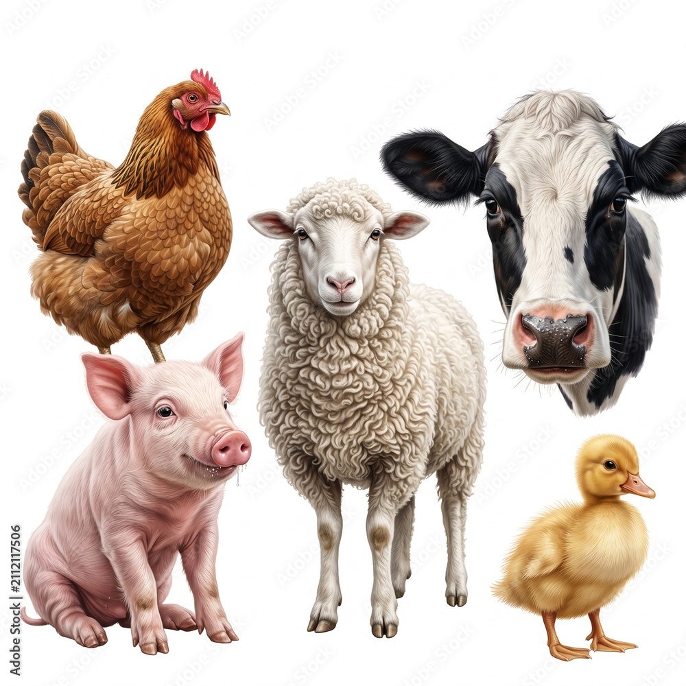 Fototapeta premium Farm Animals Illustration Set with Duckling on White Background