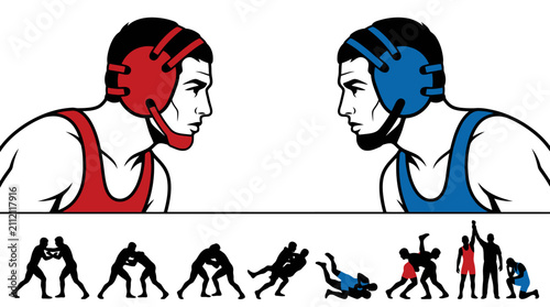 Minimalist flat vector illustration of two wrestlers facing off in headgear and singlets with silhouettes of wrestling techniques and match sequences on a white background.
