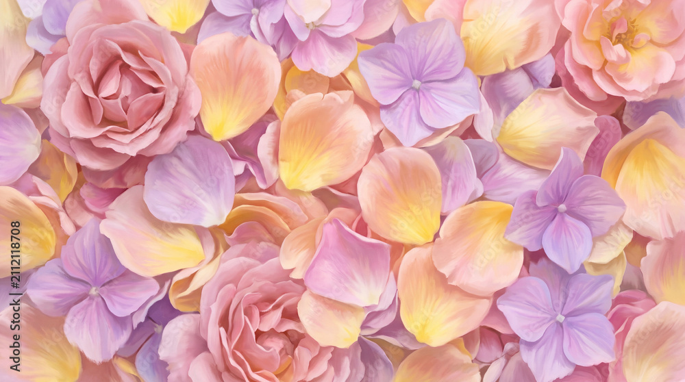 Fototapeta premium Soft pastel background of delicate rose blossoms and colorful hydrangea petals in shades of pink, peach, yellow, and lavender for romantic textures